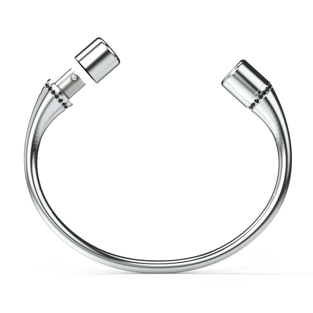 Jonc rond argent liseré diamants noirs